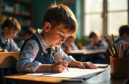 child concentrating diligently, youthful individual attentively working with calm precision at deskの素材