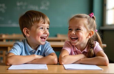 candid snapshot of kids exchanging playful secrets and expressing genuine happiness in classroom vicinityの素材
