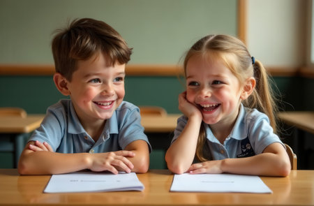 children giggling at their desks, playful children exchanging smiles in lively classroom settingの素材