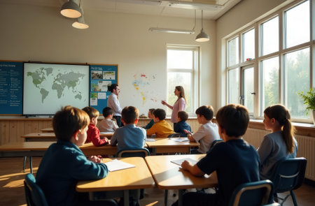 engaged students under sunlight, focused group studying in welllit cooperative educational spaceの素材