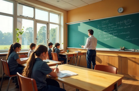 learning environment where educator illustrates formulas while pupils diligently take notes and concentrateの素材