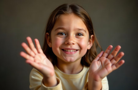 cheerful young woman with radiant expression, energetic female displaying enthusiasm and warmth in photoの素材