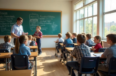 student receives guidance during speech, classroom setting fosters confident public speaking exercisesの素材