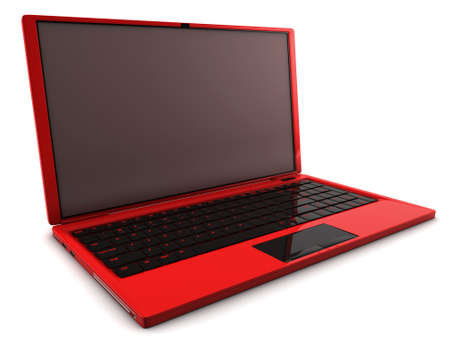 A 3D render of a red laptop isolated on whiteの写真素材