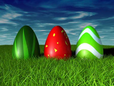 Easter Eggs in grass on a blue sky. 3D render conceptの写真素材