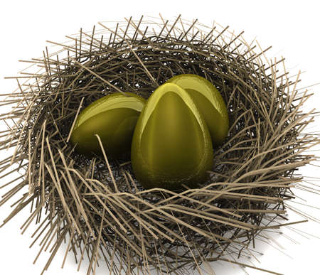 Golden eggs in a nest concept. 3D renderの写真素材