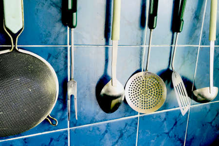 old vintage used kitchenware closeup perspective conceptの写真素材