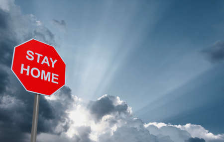 Stay at home 3D rendered concept on blue sky rising sun backgroundの写真素材