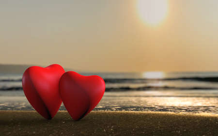 A couple in love on the ocean shoreline under the sunset 3d rendered concept on a beach under the...