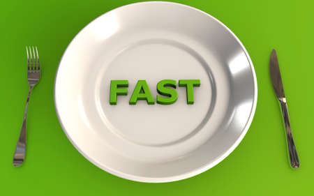 fasting and not eating 3d rendered concept with a plate fork and a knife on a greed table backgroundの写真素材
