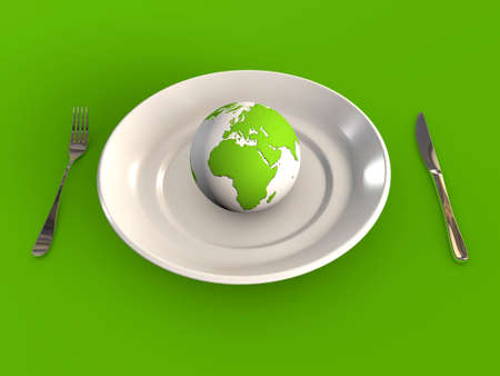 Globe on a plate illustrating global politics food health industry 3d rendered concept on green backgroundの写真素材
