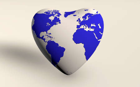 The Earth Globe in a Heart shape with a blue world map. Save the Earth, Keep the Planet safe, Environment, Nature, concept. 3D rendered isolated on white background.の写真素材