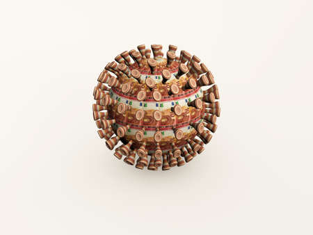 COVID-19 coronavirus disease outbreak impact on financial markets causing great depression. Concept of 2020 as the year of greatest crisis in EU. 3d rendered of the virus with money texture isolated on white background., 3d renderingの写真素材