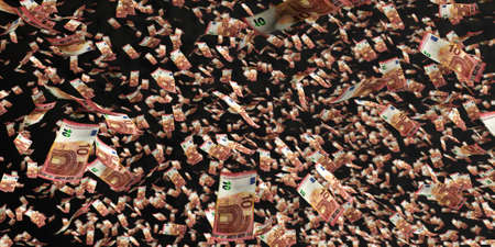 3d rendering of scattered euros on black backgroundの写真素材