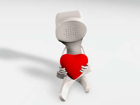 Telephone character being in love sitting with a heart in hands. Long distance relationship concept 3d renderingの写真素材