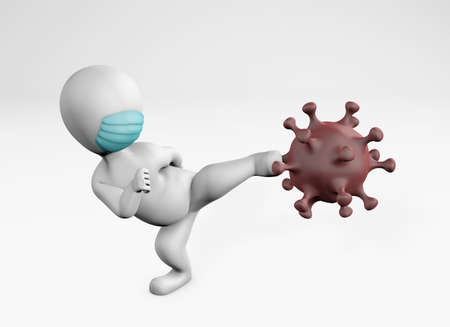 fatty man in quarantine wearing mask kicking off getting over the disease 3d renderingの写真素材