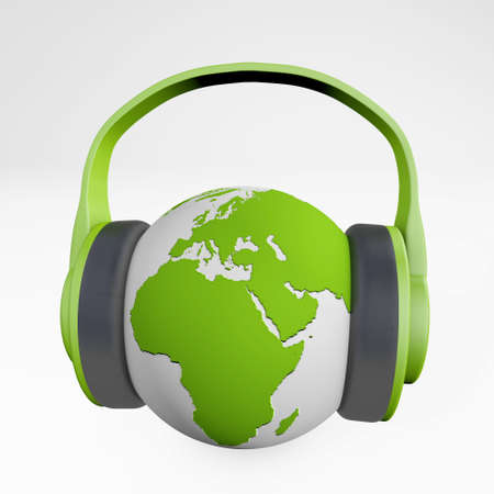 Earth listening to music. Global music concept, 3d rendering isolated on white の写真素材