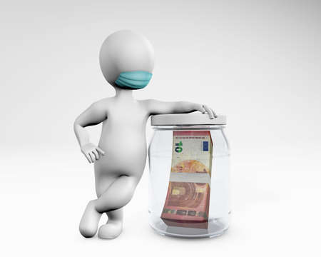 Fatty man with a mask saving money euro 3d rendering isolated on whiteの写真素材
