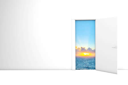 Hope Concept Light and sea and sun seen through Opened Door 3d renderingの写真素材