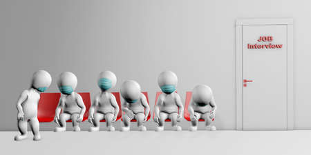People with masks feeling sad waiting next to the door for job interview concept 3d renderingの写真素材