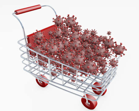 Shopping cart full of corona virus 3d rendering isolated on whiteの写真素材