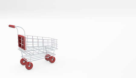Shopping concept red wheeled cart or troley isolated on white 3d renderingの写真素材