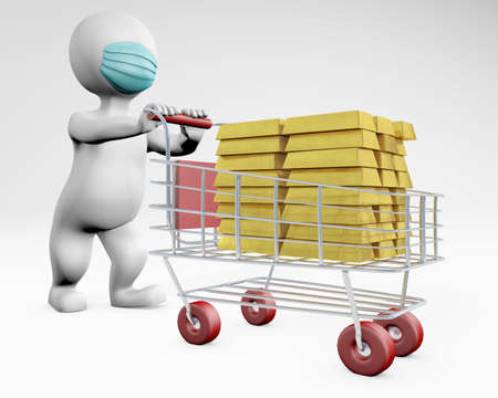 Man with mask bying gold forex concept 3d rendering texture sign isolated on whiteの写真素材