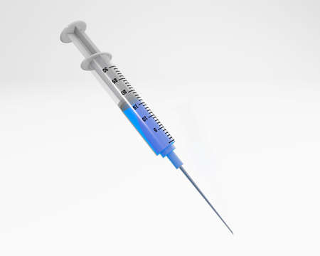 syringes arround a medicine bottle 3d rendering isolated on whiteの写真素材
