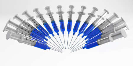 syringes arround a medicine bottle 3d rendering isolated on whiteの写真素材