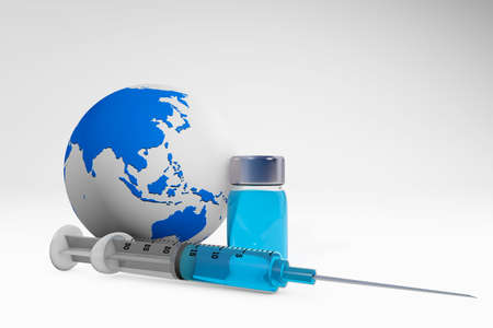 syringes arround a medicine bottle 3d rendering isolated on whiteの写真素材