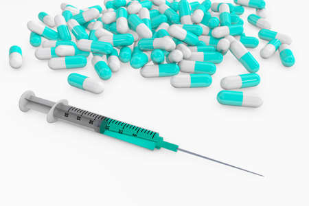 syringes arround a medicine bottle 3d rendering isolated on whiteの写真素材