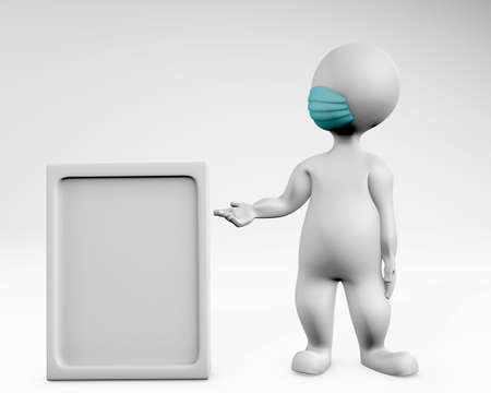 Man with mask being open to offer 3d rendering isolated on whiteの写真素材