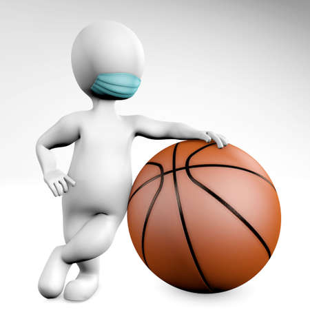 Man with a mask with a ball for basketball 3d rendering isolated on whiteの写真素材