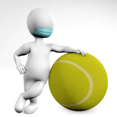Man with a mask with a ball for tennis 3d rendering isolated on whiteの写真素材
