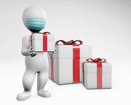Fatty men with mask making present birthday christmas valentine 3d rendering isolated on whiteの写真素材