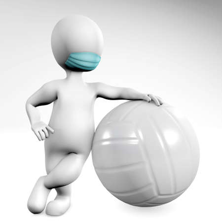 Man with a mask with a ball for valleyball 3d rendering isolated on whiteの写真素材