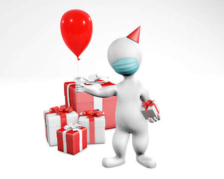 Fatty man with a mask celebrating 3d rendering isolated on whiteの写真素材