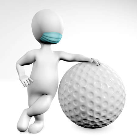 Man with a mask with a ball for golf 3d rendering isolated on whiteの写真素材