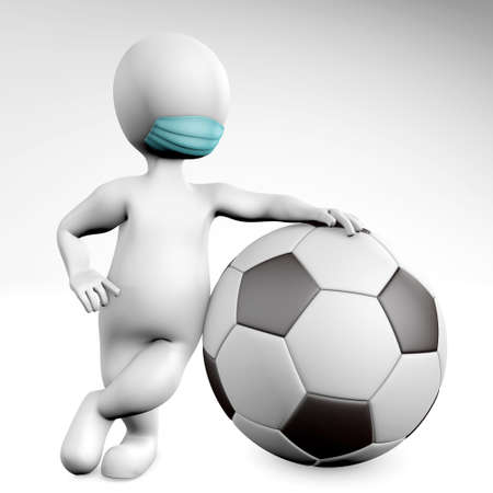 Man with a mask with a ball for soccer 3d rendering isolated on whiteの写真素材