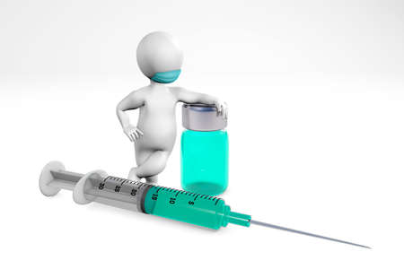 Man with a mask with syringe and medicine 3d rendering isolated on whiteの写真素材