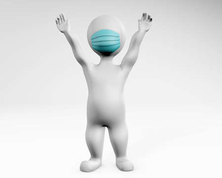 Man with mask hands up happy pose 3d rendering isolated on whiteの写真素材