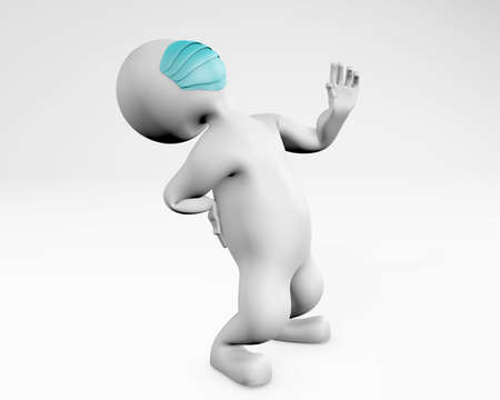 Man with mask in back pain 3d rendering isolated on whiteの写真素材