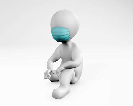 Man with mask sitting on the ground 3d rendering isolated on whiteの写真素材