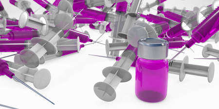 syringes scattered with medicine bottle 3d rendering isolated on whiteの写真素材