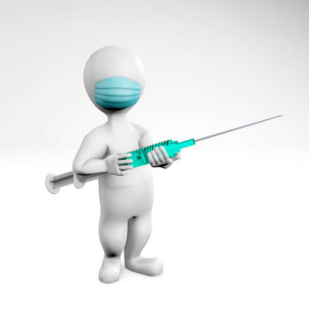 man with a mask holding a syringe 3d rendering isolated on whiteの写真素材