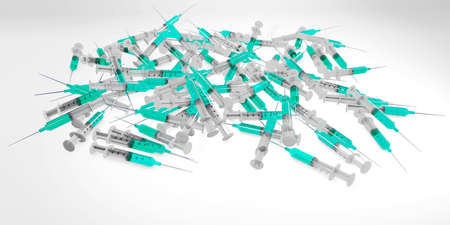 syringes scattered 3d rendering vaccine cure concept isolated on whiteの写真素材