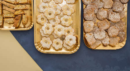 close up typical genoese biscuits canestrelli and cantucciの写真素材