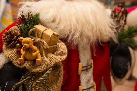 close up sack of presents with santa claus background.JPGの写真素材