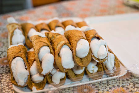 close-up of typical Italian dessert of Sicily sicilian cannoliの写真素材