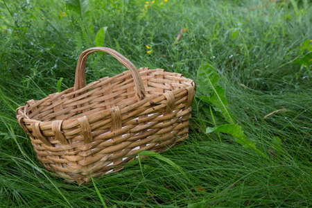 horizontal image with detail of an empty wicker basket for picnic over a meadowの写真素材